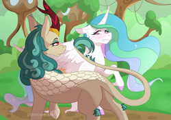 Size: 1280x897 | Tagged: safe, artist:primrosepaper, derpibooru import, princess celestia, rain shine, alicorn, kirin, blushing, flirting, shipping denied, tail, tail seduce