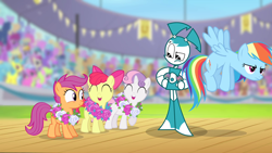 Size: 1280x720 | Tagged: safe, artist:rockint765, derpibooru import, edit, edited screencap, screencap, apple bloom, rainbow dash, scootaloo, sweetie belle, cutie mark crusaders, frustrated, jenny wakeman, looking down, my life as a teenage robot, not impressed, unimpressed