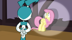 Size: 1366x768 | Tagged: safe, artist:kayman13, derpibooru import, edit, edited screencap, screencap, fluttershy, jenny wakeman, looking at something, my life as a teenage robot, scared, spotlight