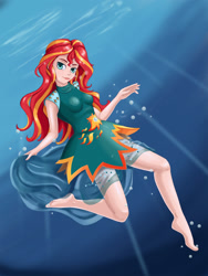 Size: 1551x2060 | Tagged: safe, artist:scs-g3-n17, derpibooru import, sunset shimmer, equestria girls, barefoot, breasts, bubble, clothes, dress, feet, female, human coloration, solo, sunset jiggler, underwater