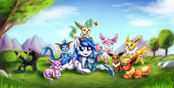 Size: 3495x1778 | Tagged: safe, artist:deraniel, derpibooru import, oc, oc only, oc:graceful motion, butterfly, pegasus, crossover, cute, eevee, eevolutions, espeon, eyes closed, female, flareon, glaceon, happy, jolteon, leafeon, mare, park, pokémon, smiling, sylveon, umbreon, vaporeon, wings