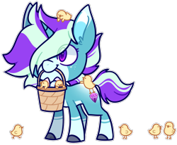 Size: 2104x1736 | Tagged: safe, artist:jetjetj, derpibooru import, oc, oc:shimmer stone, pony, unicorn, basket, chibi, chick, easter egg, female, mare, mouth hold, simple background, solo, transparent background