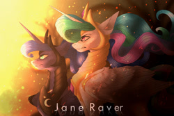 Size: 1200x800 | Tagged: safe, artist:janeraver, derpibooru import, princess celestia, princess luna, alicorn, pony, armor, dramatic lighting, duo, female, mare, royal sisters, siblings, sisters