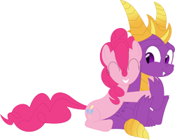 Size: 3550x2845 | Tagged: safe, artist:porygon2z, derpibooru import, pinkie pie, dragon, earth pony, pony, duo, eyes closed, female, hug, male, simple background, sitting, spyro the dragon, teeth, transparent background, vector