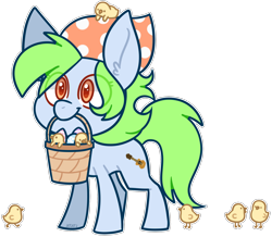 Size: 2004x1749 | Tagged: safe, artist:jetjetj, derpibooru import, oc, oc:folky polk, pony, basket, chibi, chick, easter egg, female, mare, mouth hold, simple background, solo, transparent background