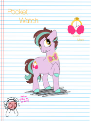 Size: 1280x1707 | Tagged: safe, artist:doodletheexpoodle, derpibooru import, oc, oc only, oc:pocket watch, pony, unicorn, bowtie, female, lined paper, mare, offspring, parent:doctor whooves, parent:starlight glimmer, parents:starwhooves, solo