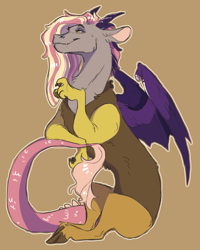 Size: 1906x2378 | Tagged: safe, artist:halfcrazydaisy, derpibooru import, oc, oc:pandora, draconequus, hybrid, brown background, draconequus oc, female, interspecies offspring, offspring, pandoraverse, parent:discord, parent:twilight sparkle, parents:discolight, simple background, solo