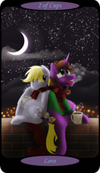 Size: 1500x2591 | Tagged: safe, artist:sixes&sevens, derpibooru import, derpy hooves, ditzy doo, doctor whooves, pegasus, pony, unicorn, clothes, doctor who, doctorderpy, duo, eighth doctor, female, fourth doctor's scarf, jacket, male, minor arcana, moon, mountain, mountain range, mug, night, paul mcgann, ponified, scarf, shared clothing, shared scarf, shipping, sitting, smiling, stars, straight, tarot card, the doctor, two of cups