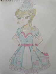 Size: 1548x2048 | Tagged: safe, artist:wrath-marionphauna, derpibooru import, applejack, human, clothes, dress, froufrou glittery lacy outfit, humanized, solo, traditional art
