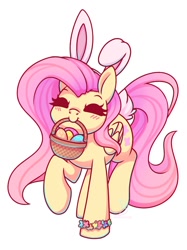 Size: 896x1199 | Tagged: safe, artist:musicfirewind, derpibooru import, fluttershy, pegasus, pony, blushing, bracelet, bunny ears, cute, easter, easter egg hunt, eyes closed, holiday, jewelry, mouth hold, shyabetes, solo, spring
