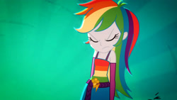 Size: 3410x1920 | Tagged: safe, derpibooru import, screencap, rainbow dash, eqg summertime shorts, equestria girls, raise this roof, angry, animation error, belt, clothes, cute, cutie mark, cutie mark on clothes, dashabetes, eyes closed, fall formal outfits, female, feminism, fingerless gloves, gloves, sleeveless, solo