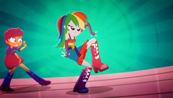 Size: 3410x1920 | Tagged: safe, derpibooru import, screencap, rainbow dash, scootaloo, eqg summertime shorts, equestria girls, raise this roof, belt, boots, breakdancing, clothes, cutie mark, cutie mark on clothes, dancing, devil horn (gesture), duo, duo female, faic, fall formal outfits, female, fingerless gloves, gloves, shoes, sleeveless, smiling, smirk