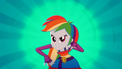 Size: 3410x1920 | Tagged: safe, derpibooru import, screencap, rainbow dash, eqg summertime shorts, equestria girls, raise this roof, angry, belt, breakdancing, clothes, cutie mark, cutie mark on clothes, dancing, fall formal outfits, female, fingerless gloves, gloves, intense, looking at you, sleeveless, solo