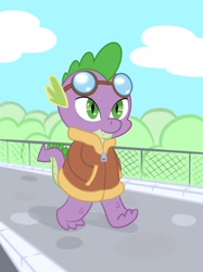 Size: 2048x2732 | Tagged: safe, artist:johncarma, derpibooru import, spike, dragon, clothes, colored, goggles, jacket, male, sidewalk, solo, walking