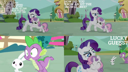 Size: 1280x720 | Tagged: safe, derpibooru import, edit, edited screencap, editor:quoterific, screencap, angel bunny, rarity, spike, sweetie belle, dragon, pony, rabbit, unicorn, just for sidekicks, animal, female, filly, male, mare