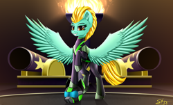 Size: 3850x2320 | Tagged: safe, artist:singovih, derpibooru import, lightning dust, pegasus, pony, the washouts (episode), alternate clothes, cannon, clothes, female, fire, gun, helmet, looking at you, mare, raised leg, solo, spread wings, the washouts, uniform, washouts uniform, weapon, wings