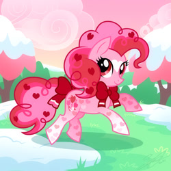 Size: 950x950 | Tagged: safe, artist:celebrationcastle, derpibooru import, pinkie pie, earth pony, pony, alternate design, bow, female, holiday, mare, solo, tail bow, valentine's day