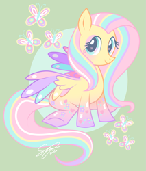 Size: 1039x1217 | Tagged: safe, artist:celebrationcastle, derpibooru import, fluttershy, pegasus, pony, alternate design, cute, easter, female, green background, holiday, mare, rainbow power, shyabetes, simple background, sitting, solo