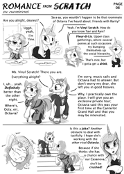 Size: 2200x3072 | Tagged: safe, artist:chopsticks, derpibooru import, dj pon-3, fancypants, fleur-de-lis, vinyl scratch, unicorn, comic:romance from scratch, alternate hairstyle, bathroom, blushing, cheek fluff, chest fluff, clothes, comic, cute, descriptive noise, dialogue, dress, ear fluff, ears, female, magic, male, mare, monochrome, necktie, nodding, shipping, sink, socks, stairs, stallion, straight, telekinesis, text, unshorn fetlocks, vinylbetes