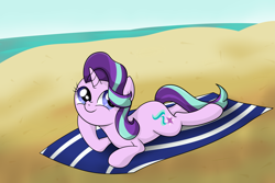 Size: 7381x4921 | Tagged: safe, artist:background basset, derpibooru import, starlight glimmer, pony, unicorn, beach, female, lying down, request, requested art, sand, solo, towel