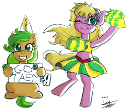 Size: 5253x4537 | Tagged: safe, artist:scarlett-letter, derpibooru import, oc, oc only, oc:muddy, oc:twisted ankle, earth pony, pony, cheerleader, cheerleader outfit, clothes, cute, dunce hat, hat, pom pom, sign, simple background, sketch, sports bra, transparent background