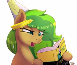 Size: 3447x2894 | Tagged: safe, artist:scarlett-letter, derpibooru import, oc, oc only, oc:muddy, earth pony, pony, book, commission, confused, dunce hat, for dummies, hat, highlighter, solo