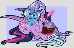 Size: 1618x1062 | Tagged: safe, artist:mechanakal, derpibooru import, trixie, twilight sparkle, twilight sparkle (alicorn), alicorn, book, cape, clothes, female, hat, lesbian, magic, shipping, telekinesis, trixie's cape, trixie's hat, twixie