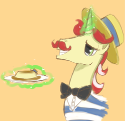 Size: 1375x1326 | Tagged: safe, derpibooru import, flam, pony, bowtie, colored, digital art, flan, food, hat, pudding