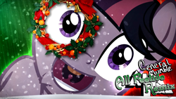 Size: 1280x720 | Tagged: safe, artist:poowis, derpibooru import, twilight sparkle, unicorn twilight, pony, unicorn, lesson zero, a clockwork orange, christmas, christmas wreath, clock, cover art, holiday, inverted mouth, smiling, snow, snowflake, twilight snapple, wreath