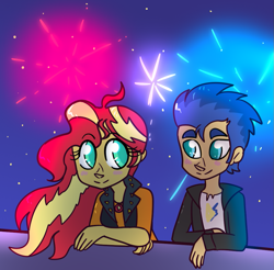 Size: 963x946 | Tagged: safe, artist:northernlightsone, derpibooru import, flash sentry, sunset shimmer, equestria girls, blushing, clothes, female, fireworks, flashimmer, jacket, leather jacket, looking at each other, male, night, shipping, shirt, sky, straight, t-shirt