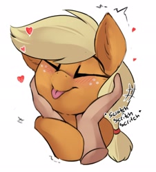 Size: 1855x2048 | Tagged: safe, artist:beardie, derpibooru import, applejack, earth pony, pony, :p, beardies scritching ponies, blushing, commission, commissioner:raritybro, cute, disembodied hand, eyes closed, hand, heart, human on pony petting, jackabetes, petting, smiling, solo, tongue, tongue out, ych result
