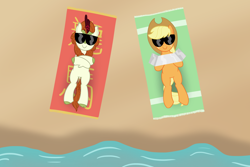 Size: 1500x1000 | Tagged: safe, artist:mightyshockwave, derpibooru import, applejack, autumn blaze, earth pony, kirin, pony, applejack's hat, beach, beach towel, clothes, cowboy hat, female, freckles, hat, mare, smiling, sunbathing, sunglasses, towel