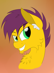 Size: 2575x3495 | Tagged: safe, artist:justapone, derpibooru import, oc, oc:yellow jack, pegasus, pony, bust, chest fluff, colored, colored background, ear fluff, ears, green eyes, male, pegasus oc, raffle prize, raised eyebrow, simple background, smiling, smirk, solo, stallion, teeth, yellow fur