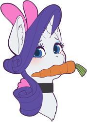 Size: 1313x1837 | Tagged: safe, artist:taytinabelle, derpibooru exclusive, derpibooru import, rarity, pony, unicorn, animal costume, bunny costume, bunny ears, bust, carrot, choker, clothes, collar, costume, ear fluff, ears, female, food, looking at you, mare, mouth hold, simple background, solo, transparent background