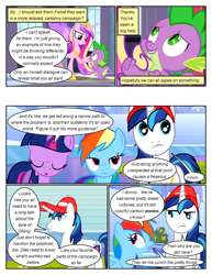 Size: 612x792 | Tagged: safe, artist:newbiespud, derpibooru import, edit, edited screencap, screencap, princess cadance, rainbow dash, shining armor, spike, twilight sparkle, unicorn twilight, alicorn, dragon, pony, unicorn, comic:friendship is dragons, baseball cap, cap, comic, dialogue, eyelashes, eyes closed, female, frown, hat, hoof shoes, horn, lidded eyes, looking up, male, mare, raised hoof, raised leg, screencap comic, stallion, wings