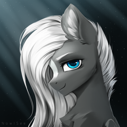 Size: 2000x2000 | Tagged: safe, artist:inowiseei, oc, oc:sacred blade, pegasus, pony, blue eyes, bust, commission, dark background, gradient background, hair over one eye, looking at you, male, portrait, sitting, smiling, solo
