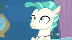 Size: 800x450 | Tagged: safe, screencap, terramar, seapony (g4), surf and/or turf, animated, embarrassed, jewelry, male, mirror, mom! meme, necklace, solo, terrabetes, underwater, wide eyes