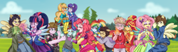 Size: 4700x1400 | Tagged: safe, artist:lucy-tan, applejack, fluttershy, pinkie pie, rainbow dash, rarity, sci-twi, sunset shimmer, twilight sparkle, equestria girls, brand, camp, chunk, clothes, commission, crossover, crystal guardian, data, equestria girls-ified, humane five, humane seven, humane six, mikey, mouth, ponied up, stef, super ponied up, the goonies