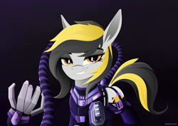 Size: 3272x2320 | Tagged: safe, artist:andaluce, derpibooru import, oc, oc:zealous stripes, earth pony, pony, bodysuit, clothes, cyberpunk, eyeshadow, female, futuristic, lineless, looking at you, makeup, mare, simple background, socks, solo, stockings, suit, technology, thigh highs