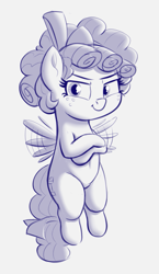 Size: 771x1329 | Tagged: safe, artist:heretichesh, derpibooru import, cozy glow, pegasus, pony, bow, female, filly, flapping, flying, freckles, monochrome, smug, solo, tail bow