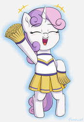 Size: 1756x2532 | Tagged: safe, artist:heretichesh, derpibooru import, sweetie belle, pony, unicorn, bipedal, cheer, cheerleader, cheerleader outfit, clothes, cute, diasweetes, female, filly, happy, open mouth, pom pom, simple background, skirt, smiling, solo, uniform, white background