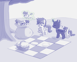 Size: 3005x2400 | Tagged: safe, artist:heretichesh, derpibooru import, oc, oc:amber, oc:eartz, oc:lil blue, pony, basket, biting, checkered, colt, cute, female, filfil, filly, kidnapped, magic, magic aura, male, park, picnic, picnic basket, plate, smol, tablecloth, tail bite, tree