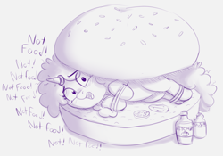 Size: 906x634 | Tagged: safe, artist:heretichesh, derpibooru import, oc, oc:not food, pony, bondage, bun, burger, fear, female, filly, food, giant food, horn, horn ring, ketchup, magic suppression, monochrome, mustard, pickle, ponies in food, ring, rope, rope bondage, sauce, teary eyes, tied up, tomato