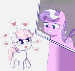 Size: 1444x1376 | Tagged: safe, artist:heretichesh, derpibooru import, diamond tiara, oc, oc:lyrabop, earth pony, pony, female, filfil, filly, grin, heart, open mouth, simple background, size difference, smiling, smol, speech bubble, text, thoughts, tiny, white background