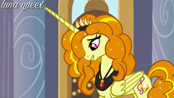 Size: 1920x1080 | Tagged: safe, artist:luna.queex, derpibooru import, edit, edited screencap, screencap, adagio dazzle, alicorn, pony, alicornified, eyelashes, female, grin, horn, indoors, jewelry, looking down, mare, peytral, race swap, smiling, solo, tiara, wings