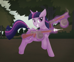 Size: 2732x2268 | Tagged: safe, artist:allyster-black, derpibooru import, twilight sparkle, twilight sparkle (alicorn), alicorn, drum magazine, dual wield, female, gun, levitation, magic, mare, muzzle flash, playerunknown's battlegrounds, smiling, solo, submachinegun, telekinesis, this might end in pain, tommy gun, weapon