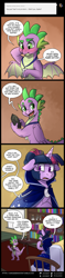 Size: 900x3838 | Tagged: safe, artist:cosmalumi, derpibooru import, spike, twilight sparkle, dragon, alternate hairstyle, alternate universe, cape, clothes, tumblr:ask queen moon