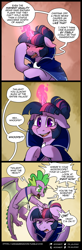 Size: 900x2743 | Tagged: safe, artist:cosmalumi, derpibooru import, spike, twilight sparkle, dragon, alternate hairstyle, alternate universe, cape, clothes, tumblr:ask queen moon