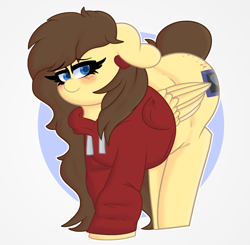 Size: 4195x4104 | Tagged: safe, artist:retro_hearts, derpibooru import, oc, oc only, oc:retro hearts, pegasus, pony, ass up, blushing, clothes, ear piercing, earring, ears, embarrassed, female, floppy ears, freckles, hoodie, jewelry, piercing, simple background, solo