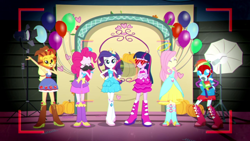 Size: 1920x1080 | Tagged: safe, derpibooru import, screencap, applejack, fluttershy, pinkie pie, rainbow dash, rarity, twilight sparkle, a photo booth story, eqg summertime shorts, equestria girls, animal costume, applelion, bare shoulders, clothes, costume, crossed arms, eyes closed, fake moustache, fall formal outfits, humane five, humane six, mask, sleeveless, strapless